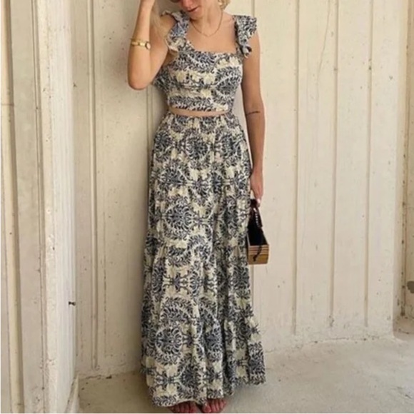 Boho floral print ruffle sleeves cropped top and maxi skirt set - Picture 5 of 5